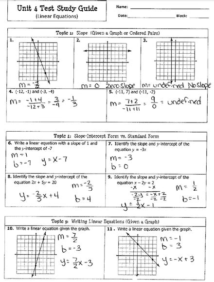 Unit 4 linear functions answer key - 4.1 Linear Functions 1. m = 4 − 3 0 − 2 = 1 − 2 = − 1 2 ; decreasing because m < 0. 2. m = 1, 868 − 1, 442 2, 012 − 2, 009 = 426 3 = 142 people per year 3. y = − 7 x + 3 4. H ( x ) = 0.5 x + 12.5 5. 6. Possible answers include ( − 3, 7), ( − 6, 9), or ( − 9, 11). 7. 8. ( 16, 0 ) 9. ⓐ f ( x) = 2 x; ⓑ g ( x) = − 1 2 x 10. y = - 1 3 x + 6